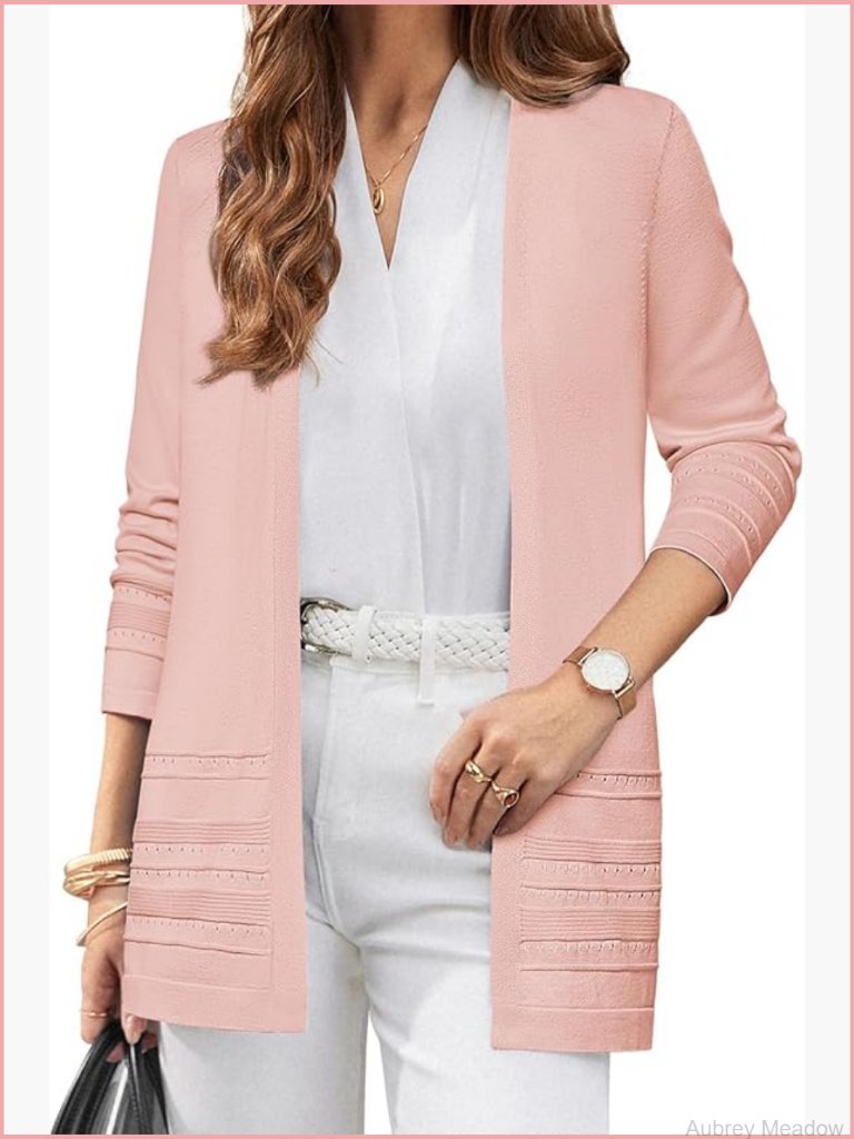 Long V-Neck Open Front Cardigan, Lightweight Knit Sweater, Crochet Trim, Soft &